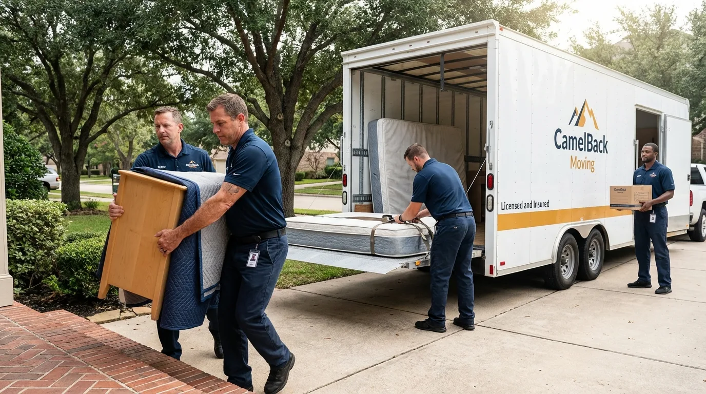 Crew loading residential truck for cross-state move from Hope, AR