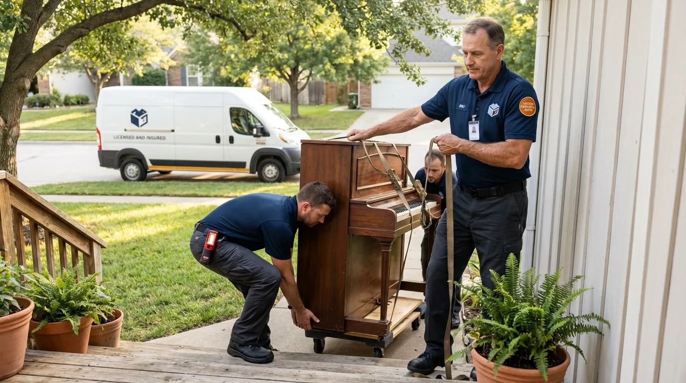 Licensed piano movers securing grand piano in Hope, AR