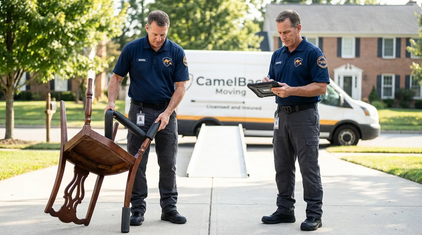 Movers inspecting furniture for damage prevention before loading in Hope, AR