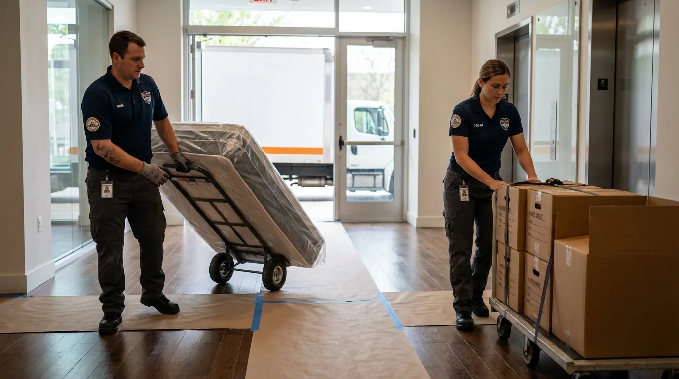 Professional apartment movers loading elevator in Hope, AR